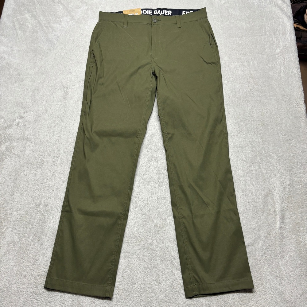 Eddie Bauer Tech Chino Pant Mens 34x32 Olive Green StormRepel Pants DWR NEW $85
